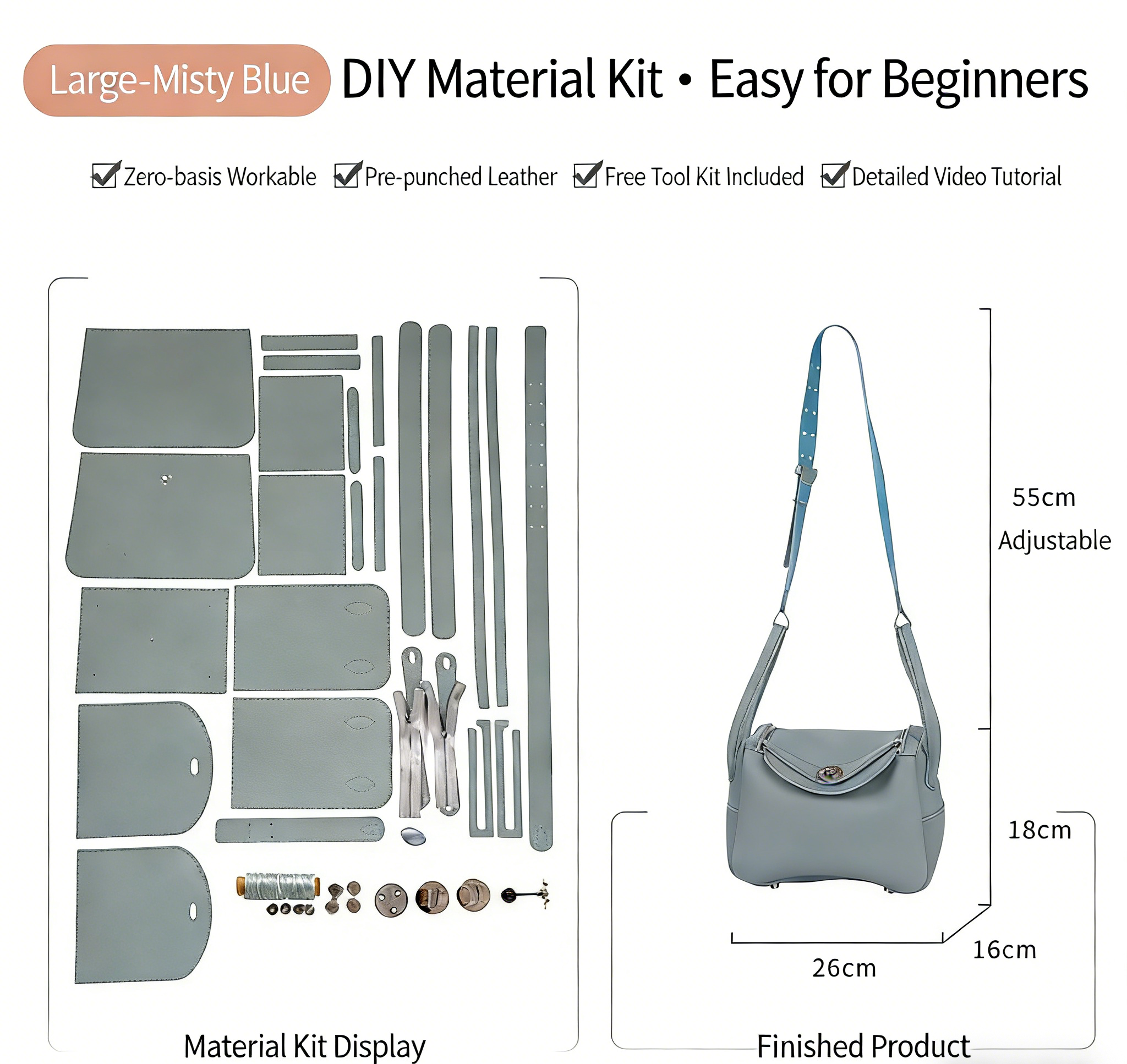 DIY Genuine Leather Shoulder Bag Kit – Handmade Cowhide Crossbody Bag Craft Set for Beginners (Small & Large Size, Video Tutorial Included)
