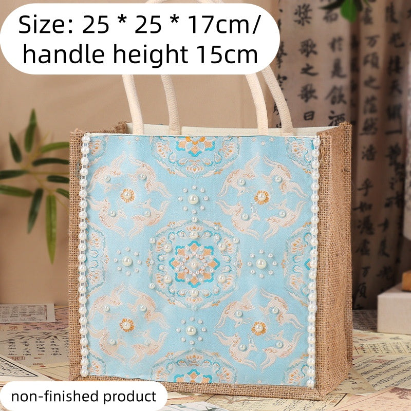 DIY Fabric Tote Bag Kit with Floral Brocade & Pearl Decoration | Handmade Canvas Handbag Craft Set Creative Gift