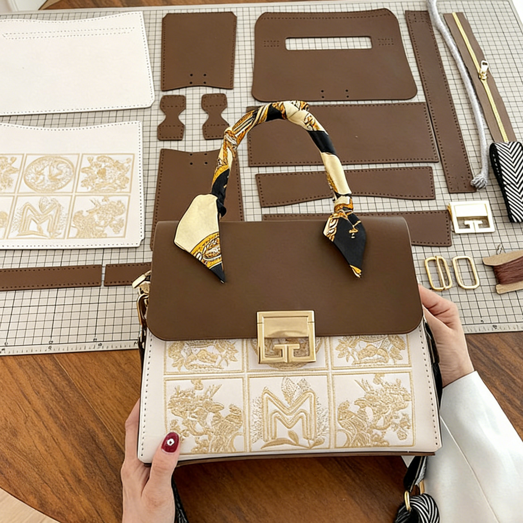 DIY PU Leather Tote Bag Kit for Beginners – Handmade Shoulder & Crossbody Handbag with Video Tutorial, Pre-Cut Materials, Brown/Red White/Red