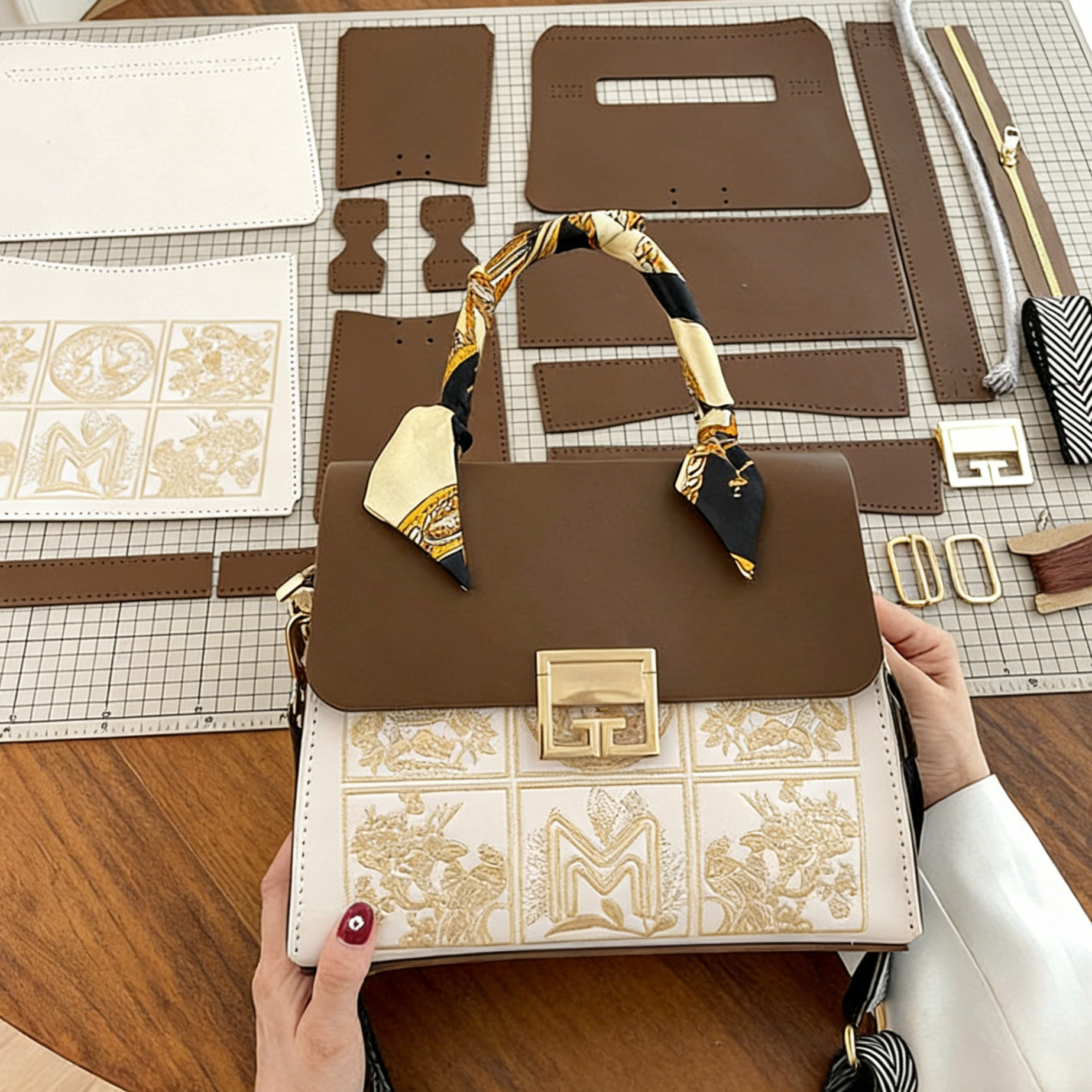 DIY PU Leather Tote Bag Kit for Beginners – Handmade Shoulder & Crossbody Handbag with Video Tutorial, Pre-Cut Materials, Brown/Red White/Red