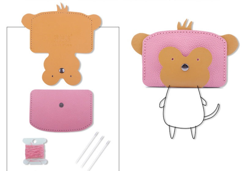 DIY Monkey Leather Card Holder Kit for Beginners – Cute Handmade Cowhide Card Wallet with Video Tutorial & Complete Sewing Kit