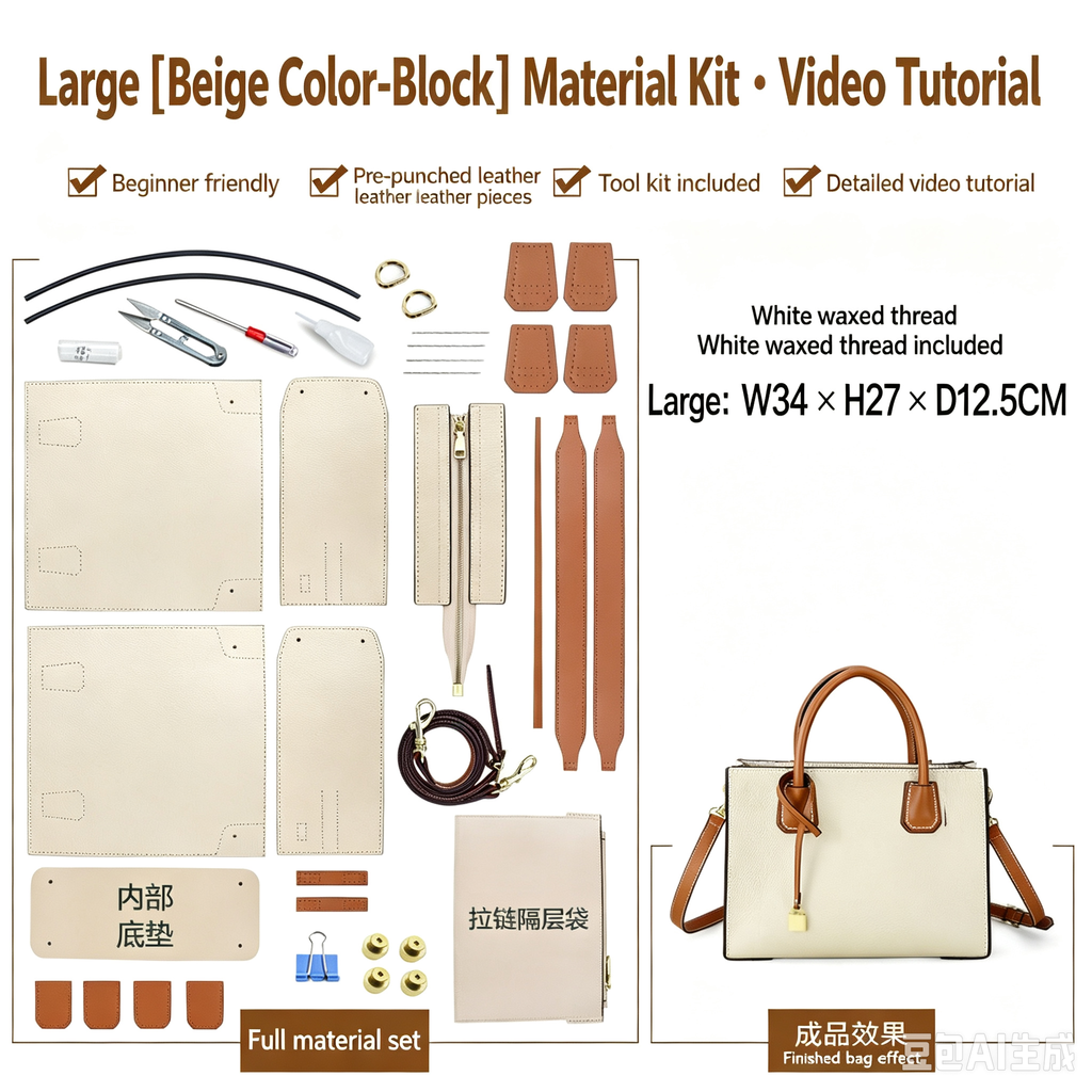 DIY Leather Tote Bag Kit – Beginner Top-Grain Cowhide Crossbody & Shoulder Bag