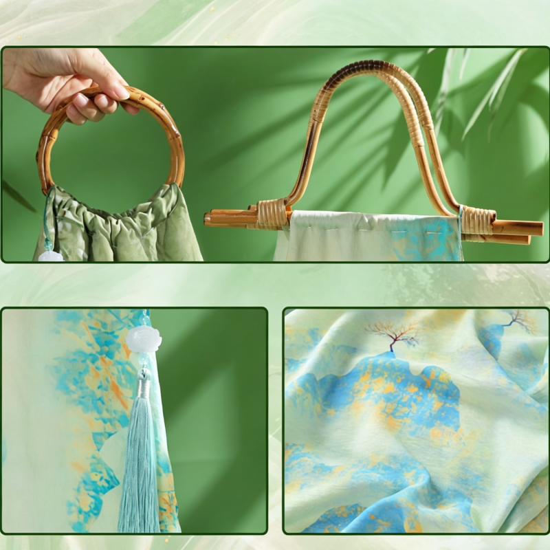 DIY Bamboo Handle Handbag Kit | Chinese Style Straw Woven Bag Craft Set with Fabric Materials | Handmade New Chinese Aesthetic Gift Bag