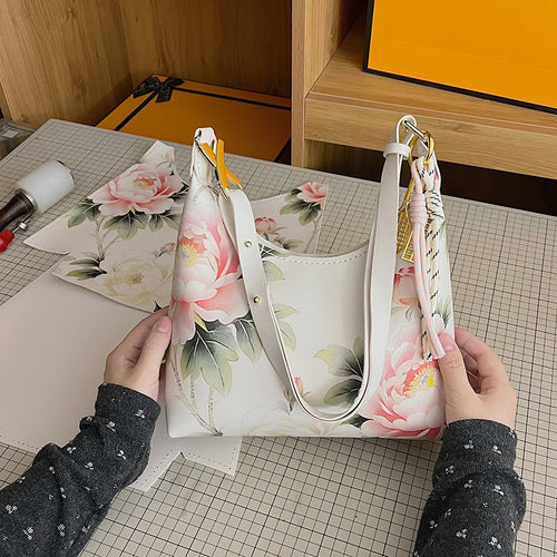 DIY Chinese Ink Painting PU Hobo Bag Sewing Kit, 4 Oriental Floral Patterns Handmade Shoulder Bag Gift
