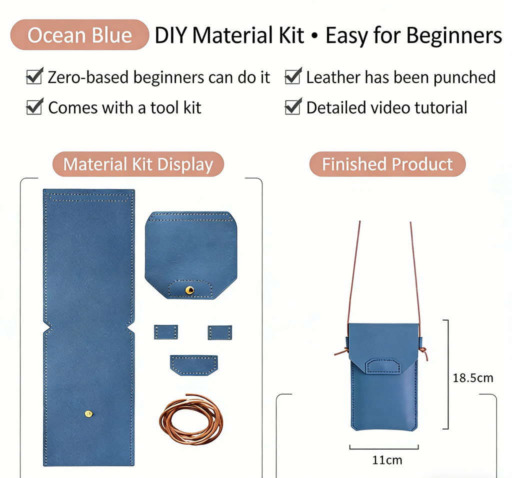 DIY Genuine Leather Phone Bag Kit – Handmade Crossbody Phone Pouch Sewing Kit for Beginners with Video Tutorial