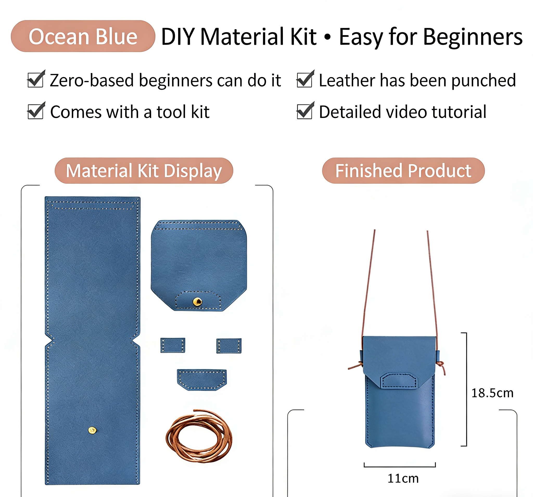 DIY Genuine Leather Phone Bag Kit – Handmade Crossbody Phone Pouch Sewing Kit for Beginners with Video Tutorial