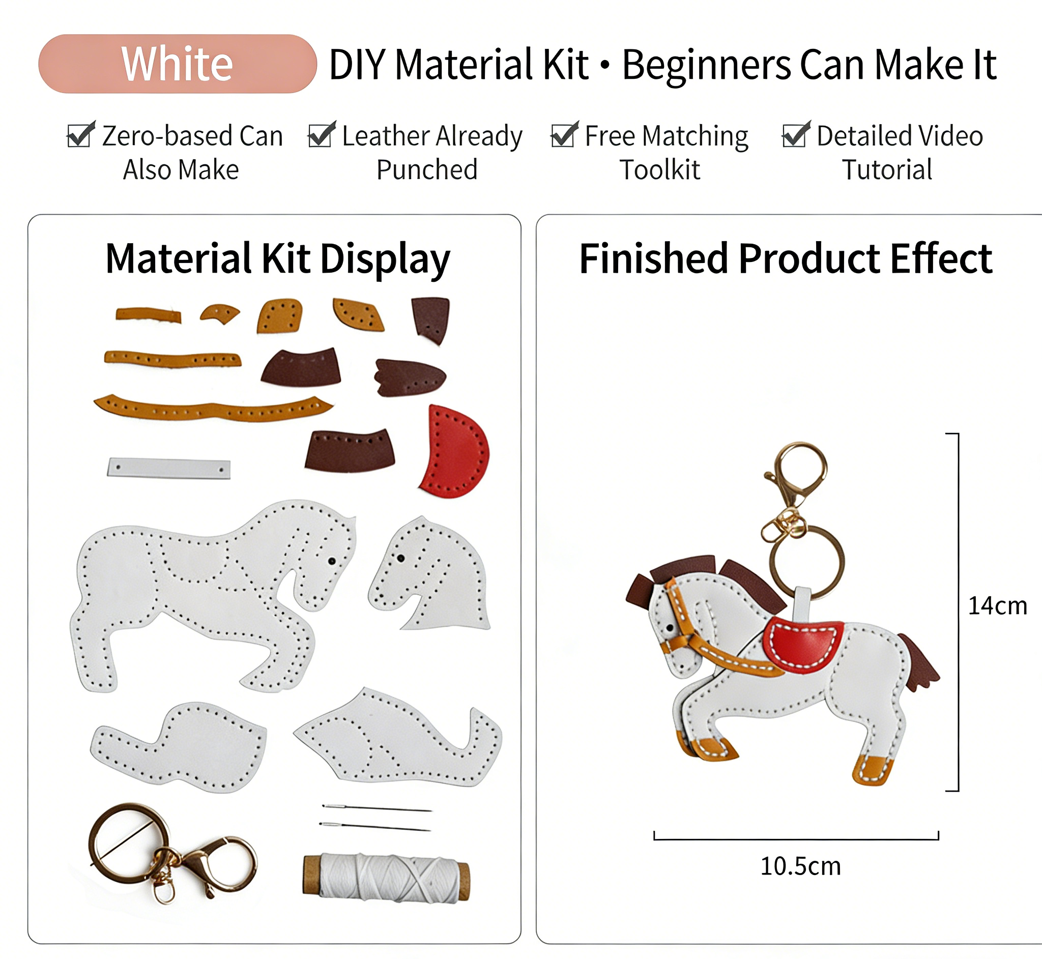DIY Leather Horse Keychain Kit for Beginners – Handmade Cowhide Bag Charm & Keyring Craft Set with Video Tutorial