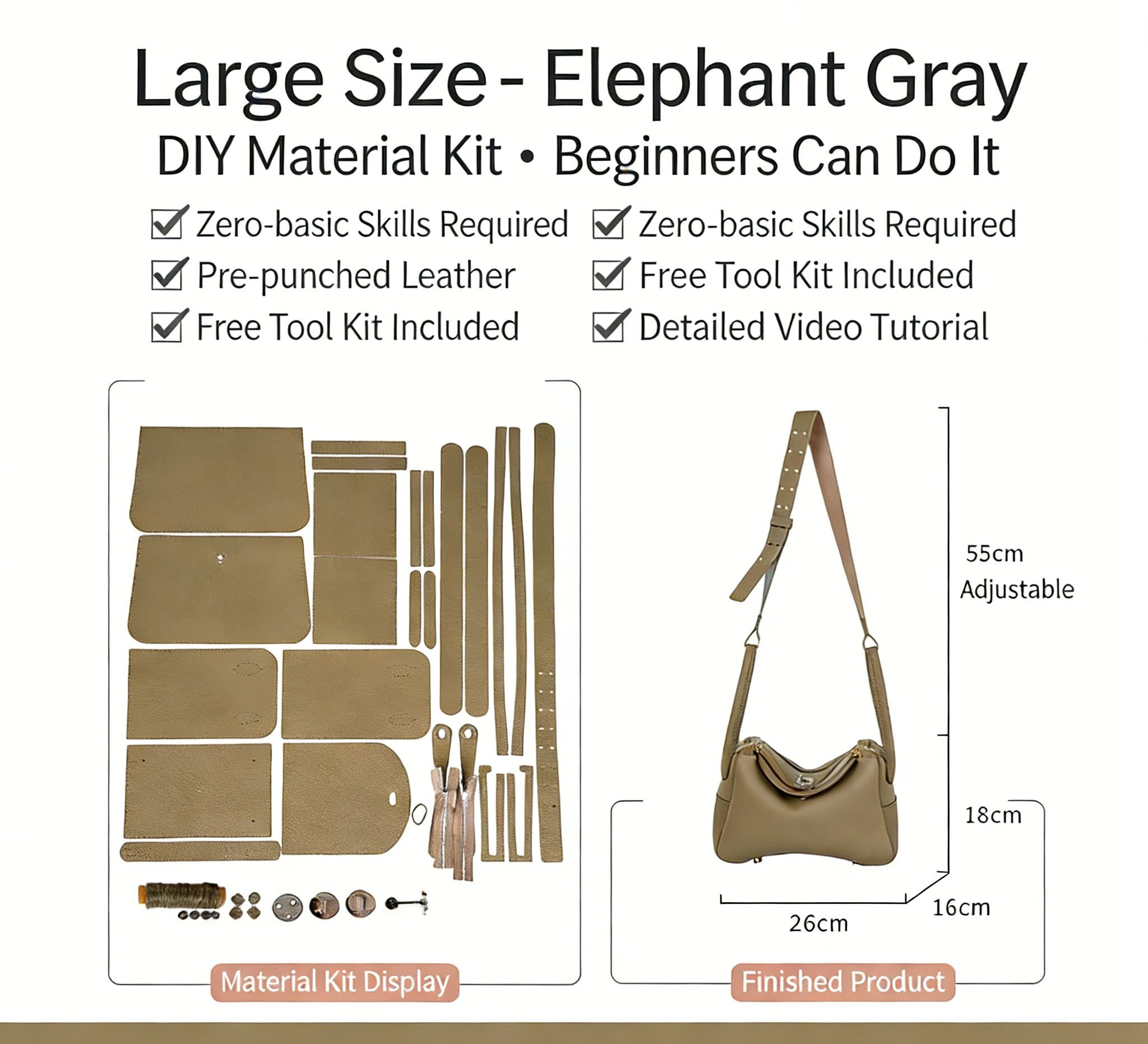 DIY Genuine Leather Shoulder Bag Kit – Handmade Cowhide Crossbody Bag Craft Set for Beginners (Small & Large Size, Video Tutorial Included)