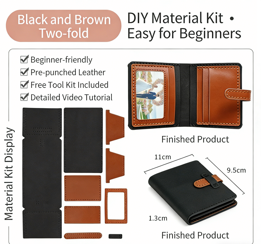 DIY Leather Wallet Kit for Beginners – Handmade Cowhide Bi-Fold & Tri-Fold Wallet Sewing Kit with Pre-Cut Leather and Video Tutorial