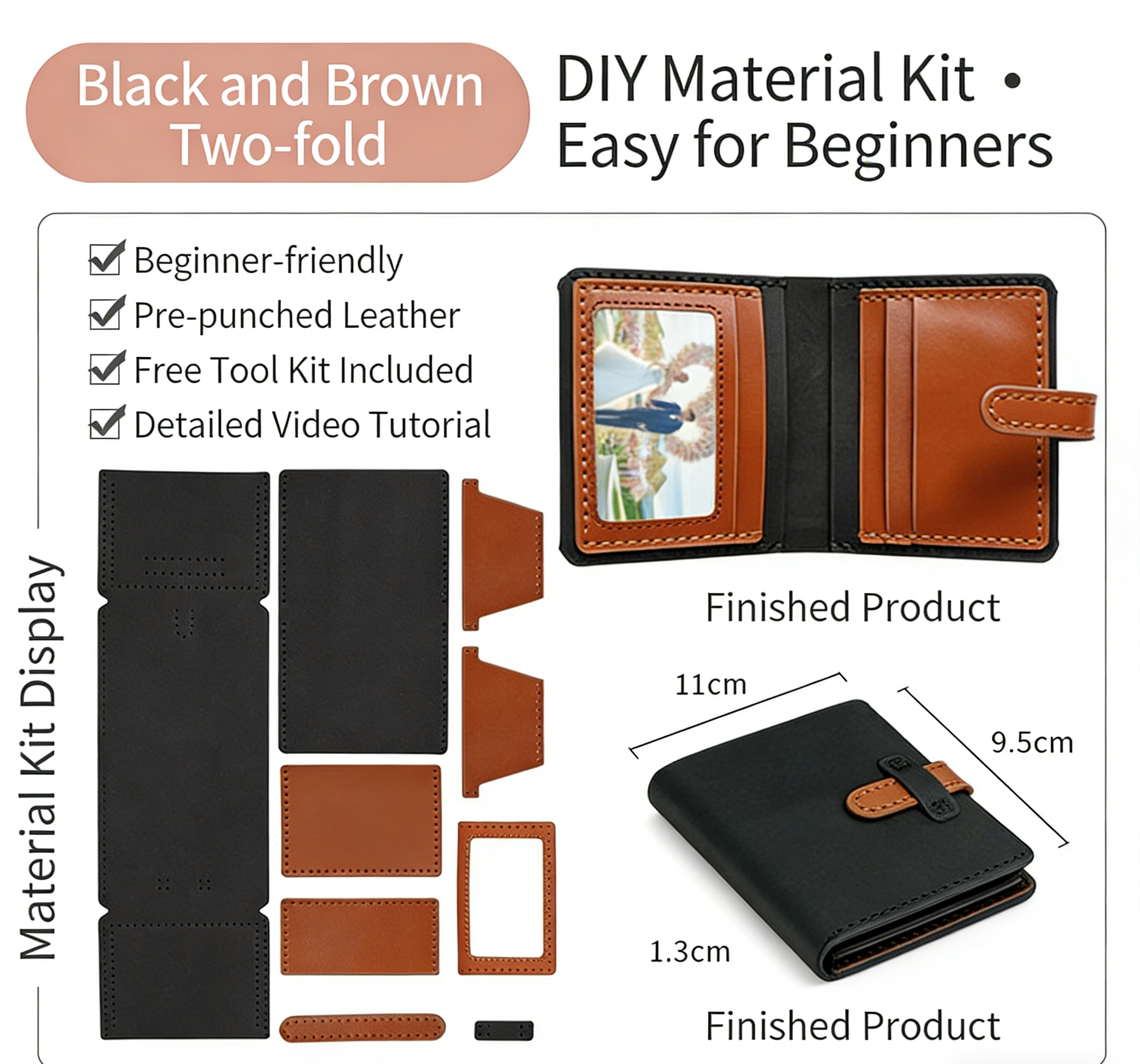 DIY Leather Wallet Kit for Beginners – Handmade Cowhide Bi-Fold & Tri-Fold Wallet Sewing Kit with Pre-Cut Leather and Video Tutorial