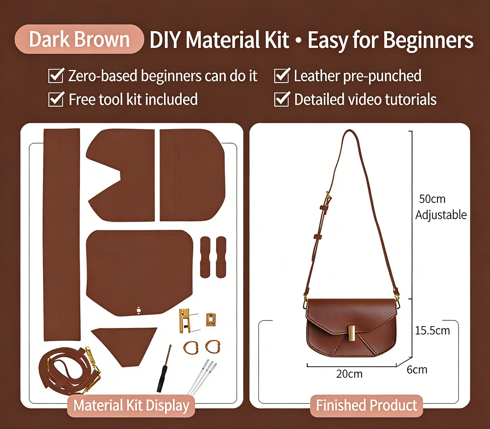 DIY Geometric Flap Genuine Leather Saddle Crossbody Bag Sewing Kit, Multi Color Adjustable Strap Shoulder Bag Handmade Craft Gift For Women