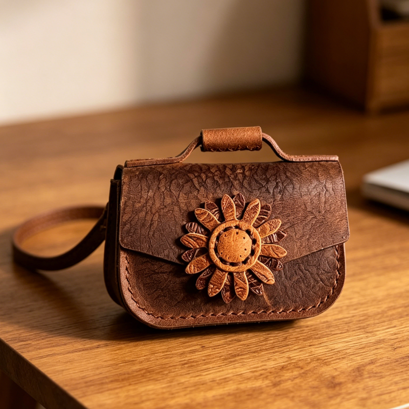 DIY Leather Daisy Keychain Bag Kit – Handmade Cowhide Car Key Holder Craft Set for Beginners (Multifunction Mini Wallet & Lipstick Case)