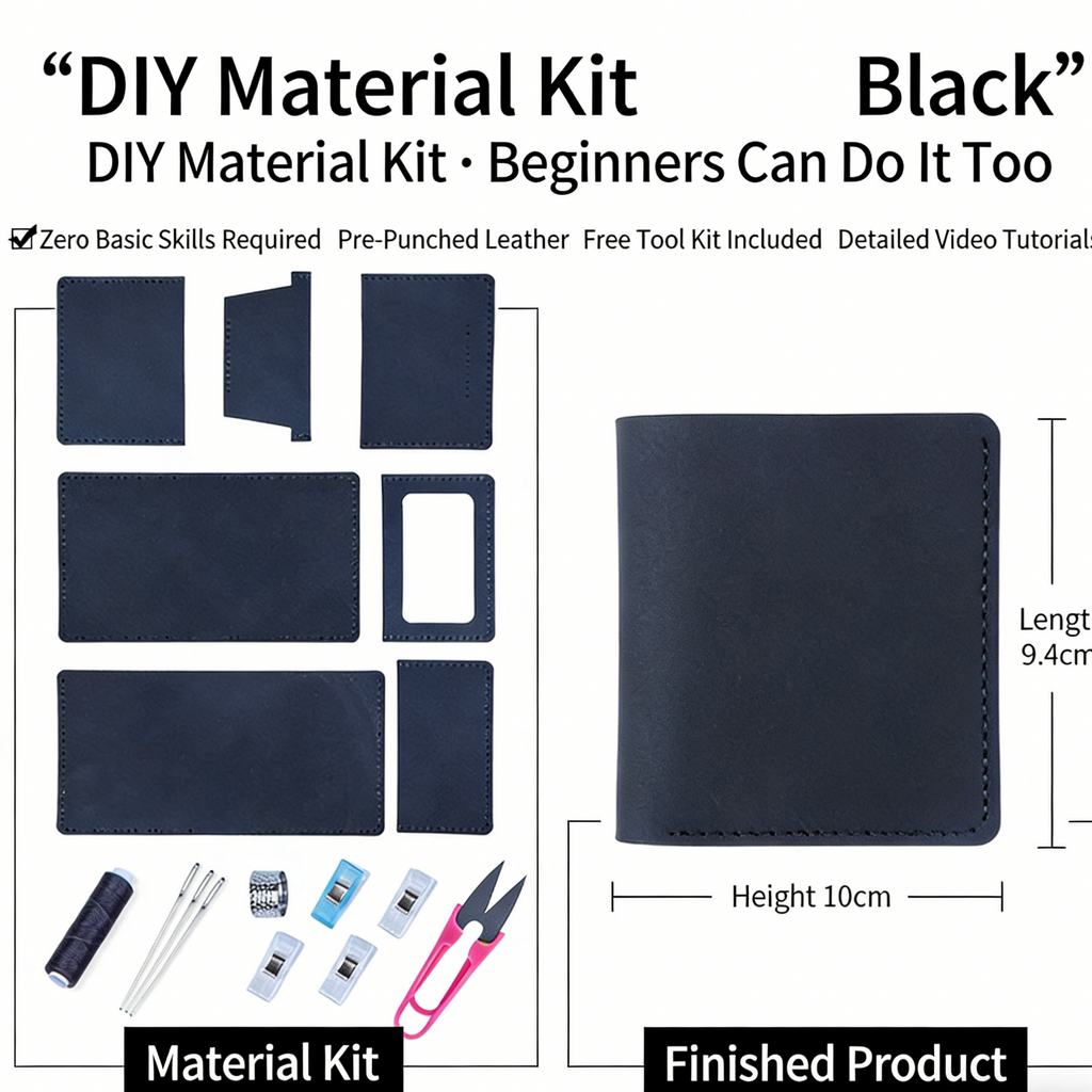 DIY Genuine Leather Vertical Bifold Wallet Kit for Beginners – Handmade Cowhide Wallet with Pre-Cut Pieces & Video Tutorial