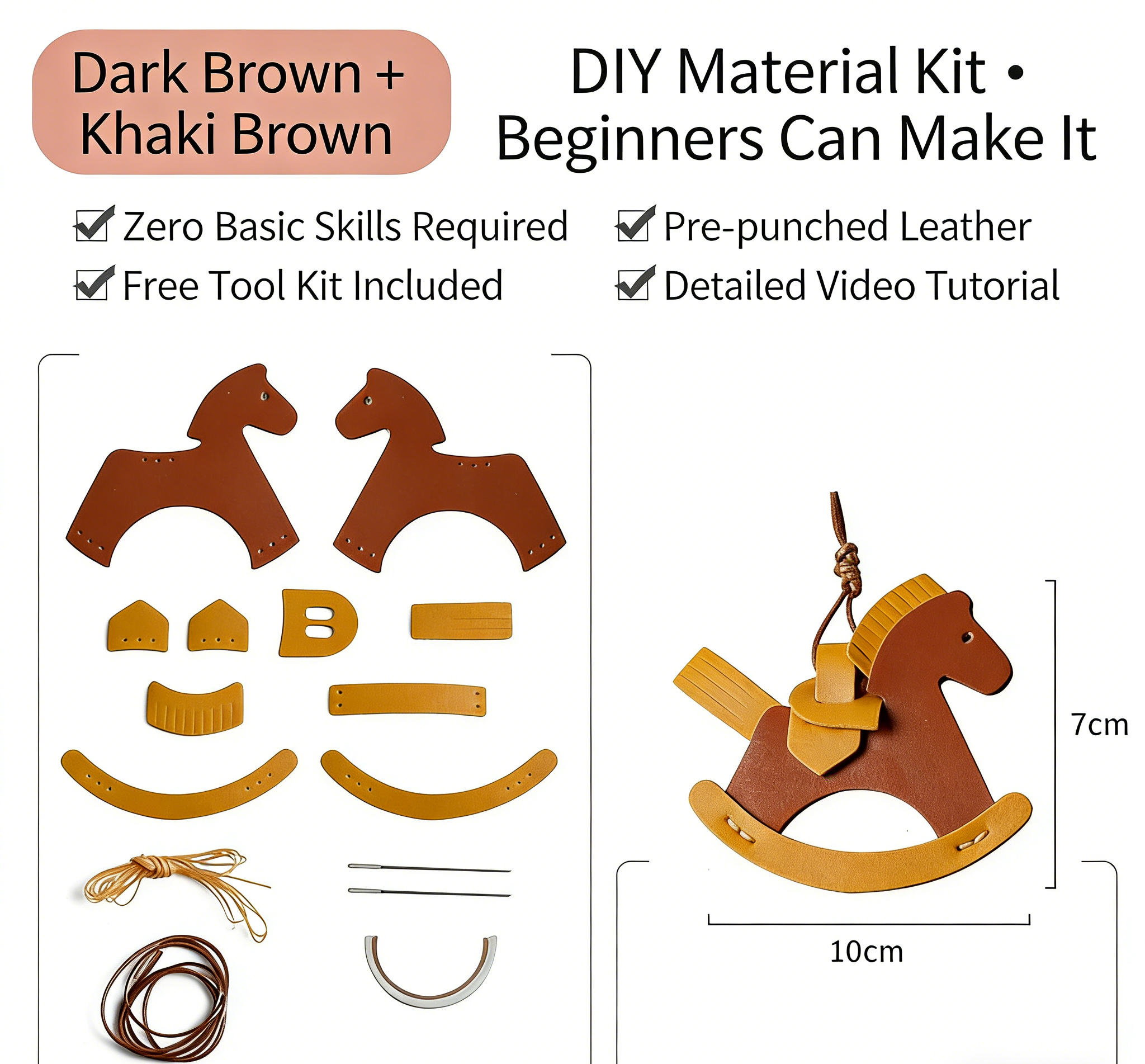 DIY Rocking Horse Keychain Kit for Beginners – Handmade PU Leather Bag Charm & Key Pendant with Video Tutorial