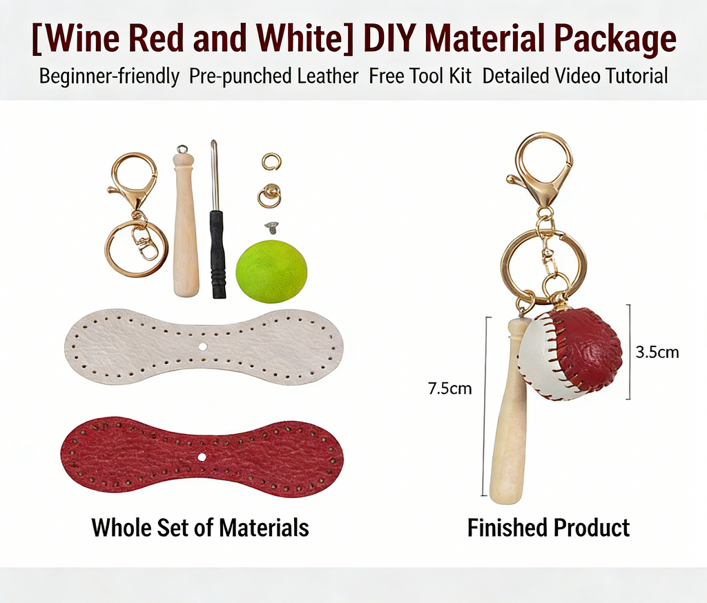 DIY Baseball Keychain Craft Kit | Beginner-Friendly Handmade Leather Gift Set | Pre-Cut Real Cowhide DIY Stitching Kit