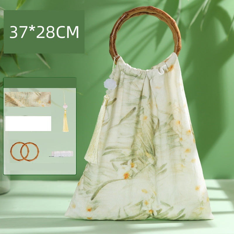 DIY Bamboo Handle Handbag Kit | Chinese Style Straw Woven Bag Craft Set with Fabric Materials | Handmade New Chinese Aesthetic Gift Bag