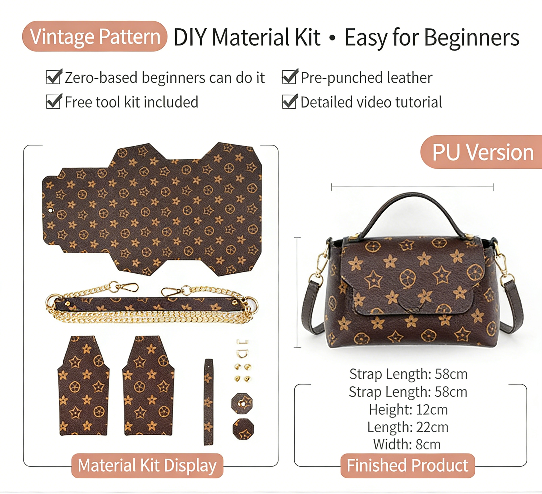 DIY Leather Shoulder Bag Kit for Beginners – Handmade Crossbody Purse with Video Tutorial, Pre-Cut Cowhide Craft Gift