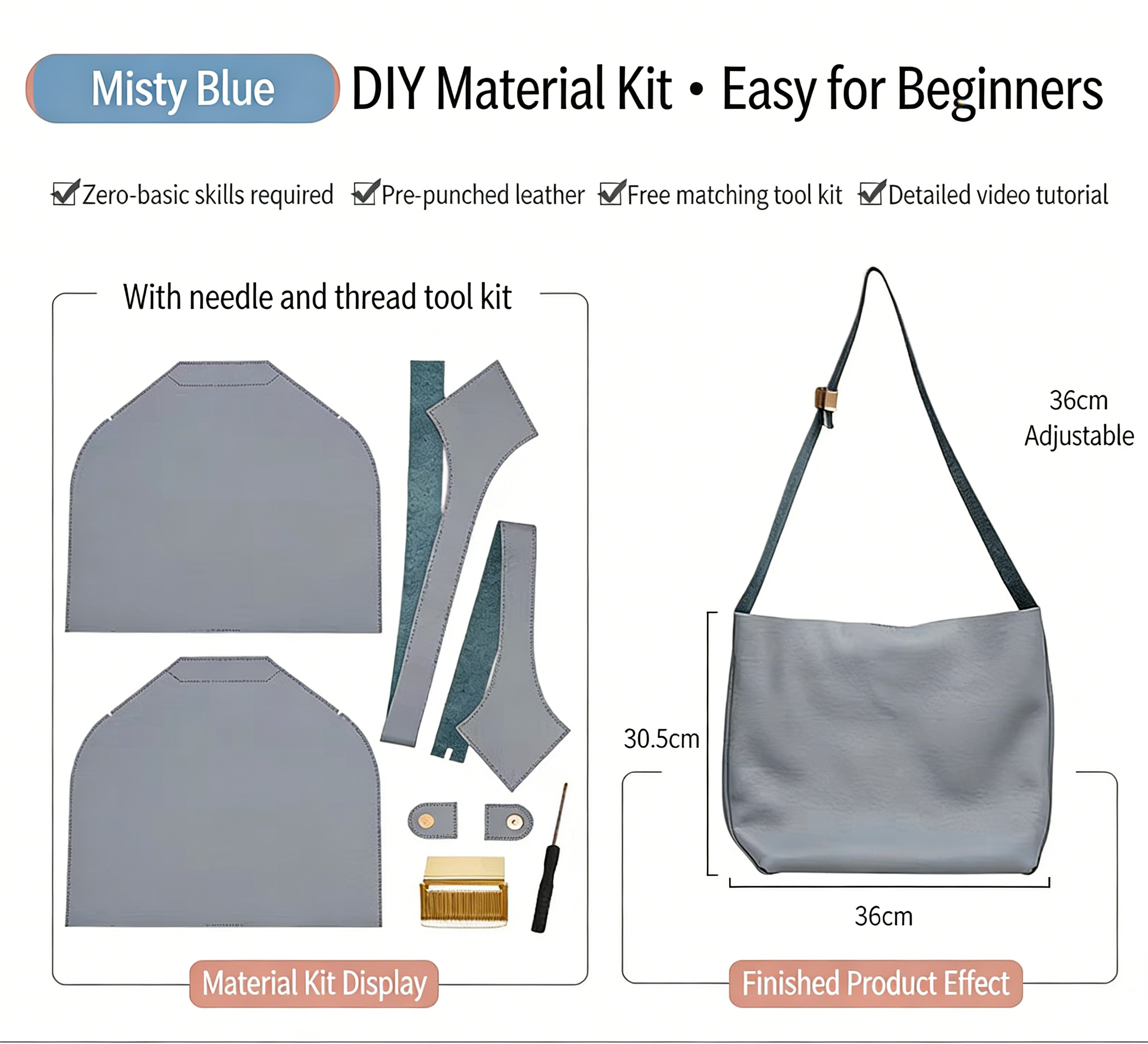 DIY Genuine Leather Tote Bag Kit for Beginners – Handmade Cowhide Shoulder Handbag with Video Tutorial, Pre-Cut Sewing Craft Set