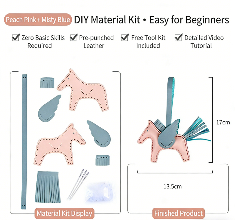 DIY Genuine Leather Pegasus Keychain Kit for Beginners – Handmade Bag Charm, Car Pendant & Key Ring Craft Set with Video Tutorial