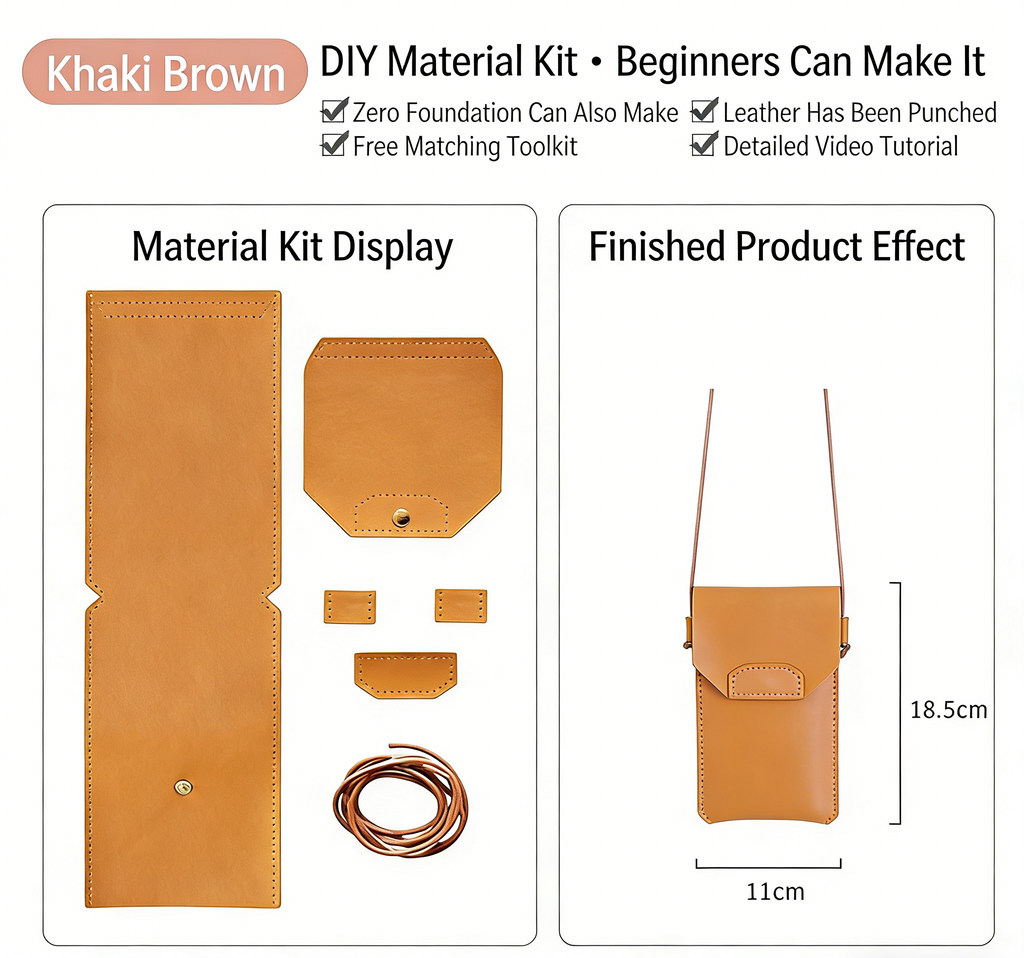 DIY Genuine Leather Phone Bag Kit – Handmade Crossbody Phone Pouch Sewing Kit for Beginners with Video Tutorial