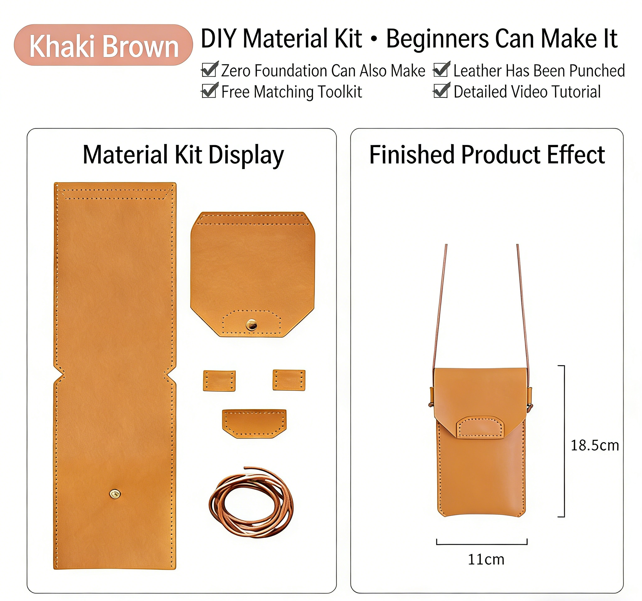 DIY Genuine Leather Phone Bag Kit – Handmade Crossbody Phone Pouch Sewing Kit for Beginners with Video Tutorial