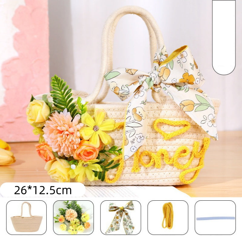 DIY Floral Straw Woven Bag Kit | Handmade Flower Weaving Tote Craft Set with Artificial Flowers | Spring & Summer Travel Fashion Bag Gift