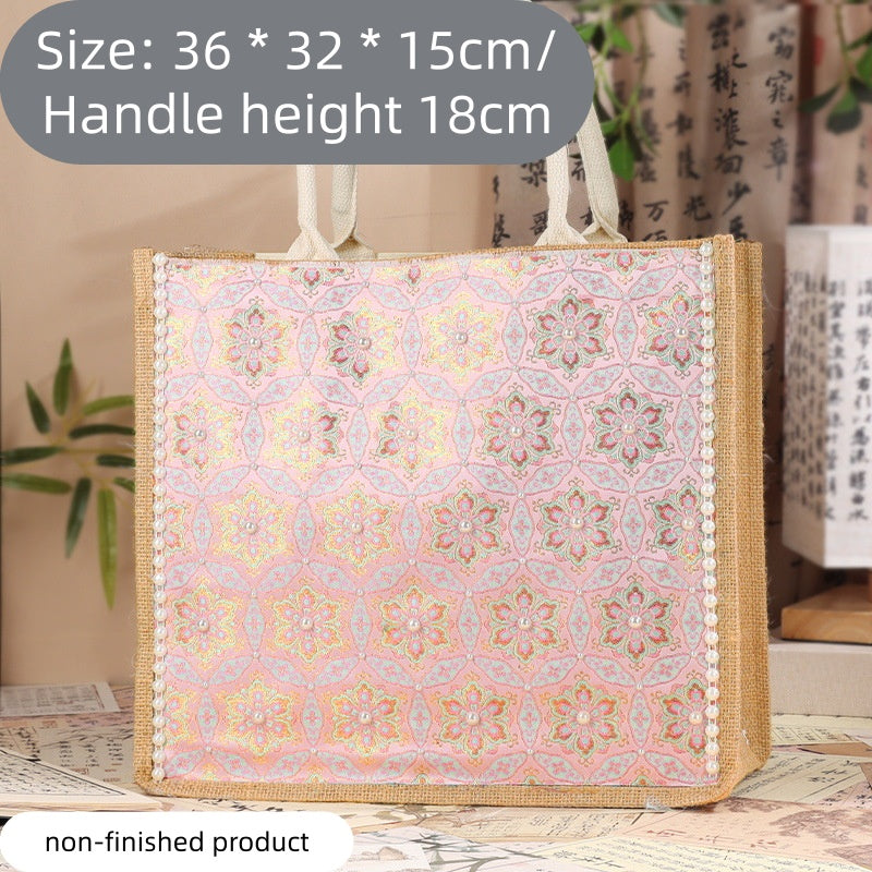 DIY Fabric Tote Bag Kit with Floral Brocade & Pearl Decoration | Handmade Canvas Handbag Craft Set Creative Gift