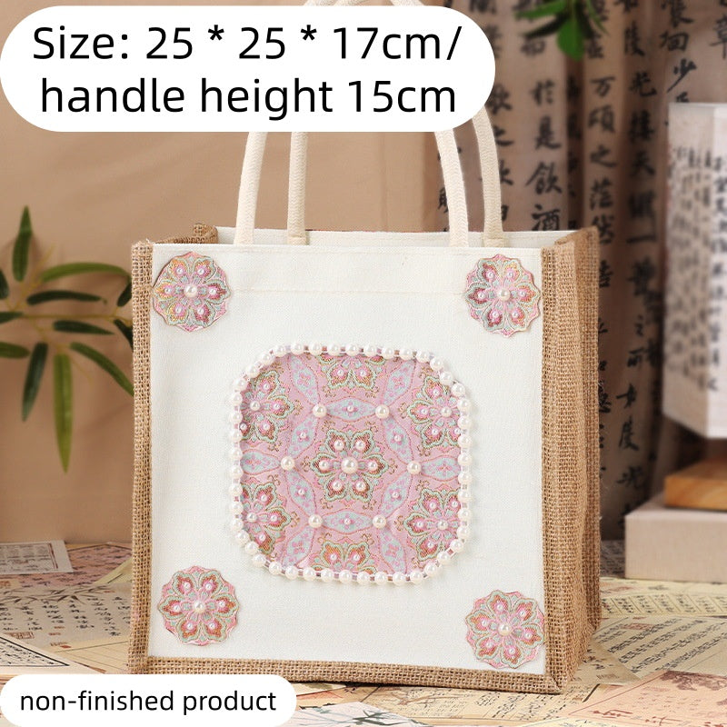 DIY Fabric Tote Bag Kit with Floral Brocade & Pearl Decoration | Handmade Canvas Handbag Craft Set Creative Gift