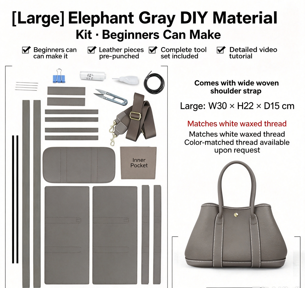 DIY Leather Handbag Kit – Beginner Top-Grain Cowhide Tote & Crossbody Bag