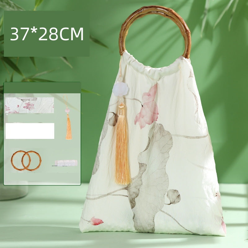 DIY Bamboo Handle Handbag Kit | Chinese Style Straw Woven Bag Craft Set with Fabric Materials | Handmade New Chinese Aesthetic Gift Bag