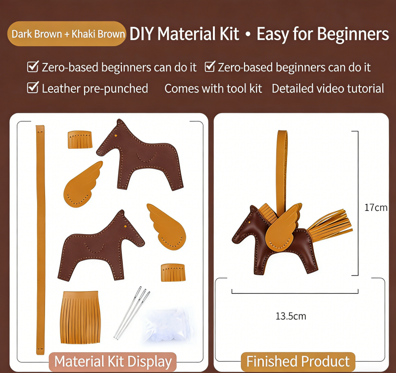 DIY Genuine Leather Pegasus Keychain Kit for Beginners – Handmade Bag Charm, Car Pendant & Key Ring Craft Set with Video Tutorial