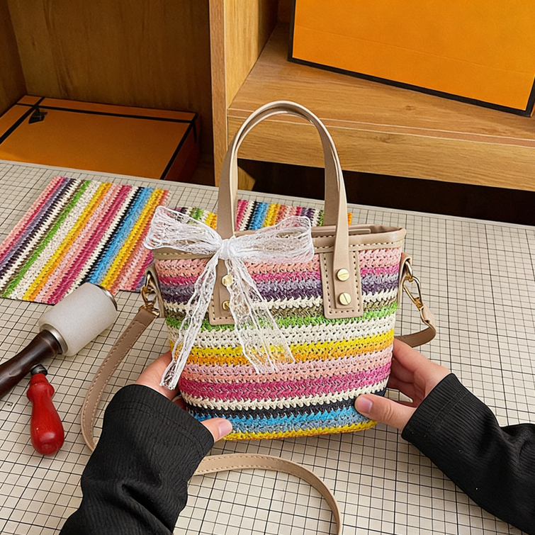 DIY Woven Straw & PU Leather Handbag Kit for Beginners – Handmade Crossbody Tote Bag Sewing Kit with Video Tutorial