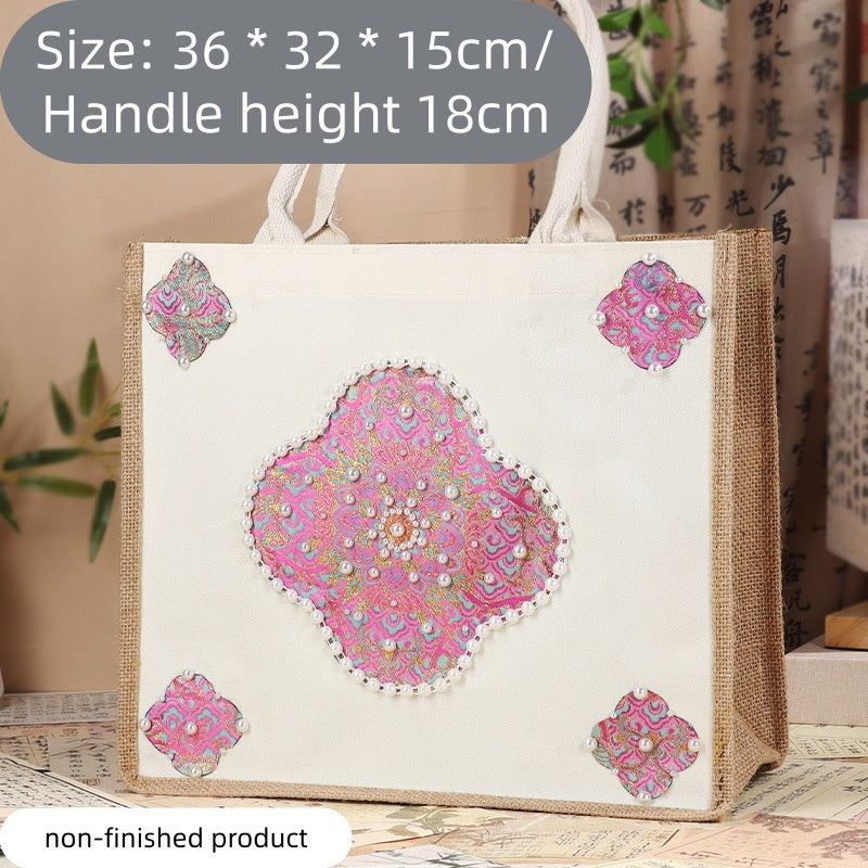 DIY Fabric Tote Bag Kit with Floral Brocade & Pearl Decoration | Handmade Canvas Handbag Craft Set Creative Gift