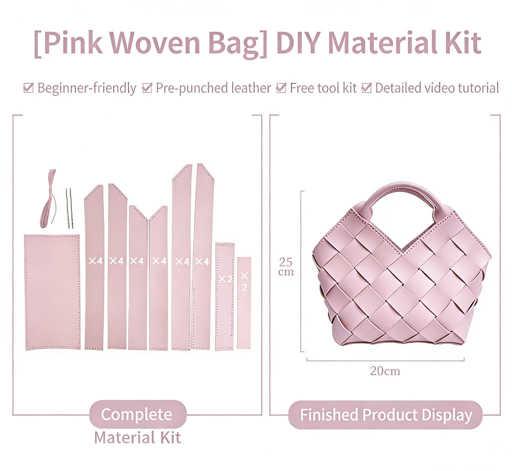 DIY Wide Grid Woven Mini Hand Tote Bag Sewing Kit, Genuine Leather & PU Material Multi Color Handmade Craft Bag For Women