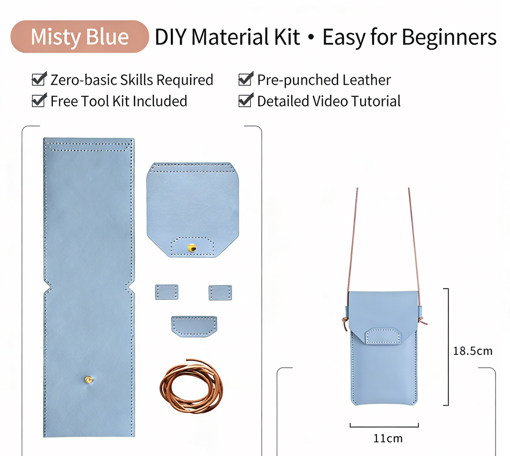 DIY Genuine Leather Phone Bag Kit – Handmade Crossbody Phone Pouch Sewing Kit for Beginners with Video Tutorial
