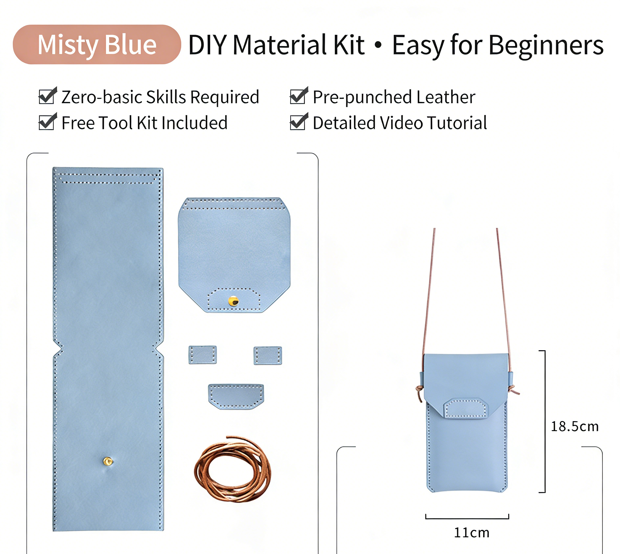 DIY Genuine Leather Phone Bag Kit – Handmade Crossbody Phone Pouch Sewing Kit for Beginners with Video Tutorial