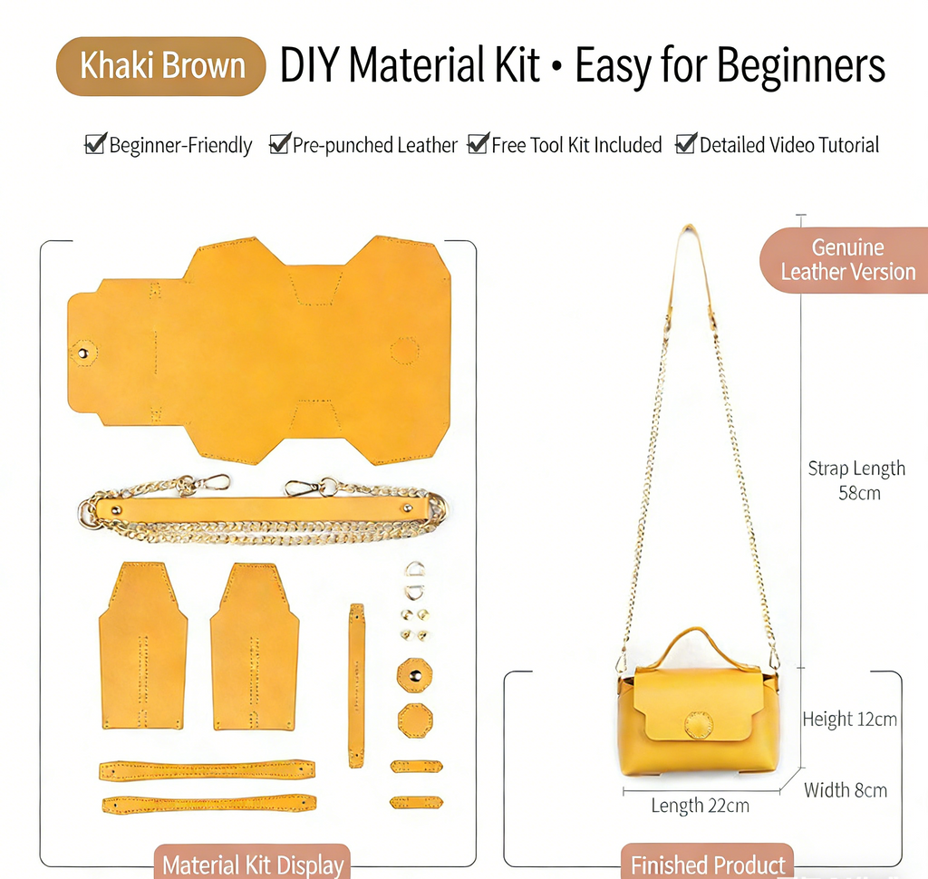 DIY Leather Shoulder Bag Kit for Beginners – Handmade Crossbody Purse with Video Tutorial, Pre-Cut Cowhide Craft Gift