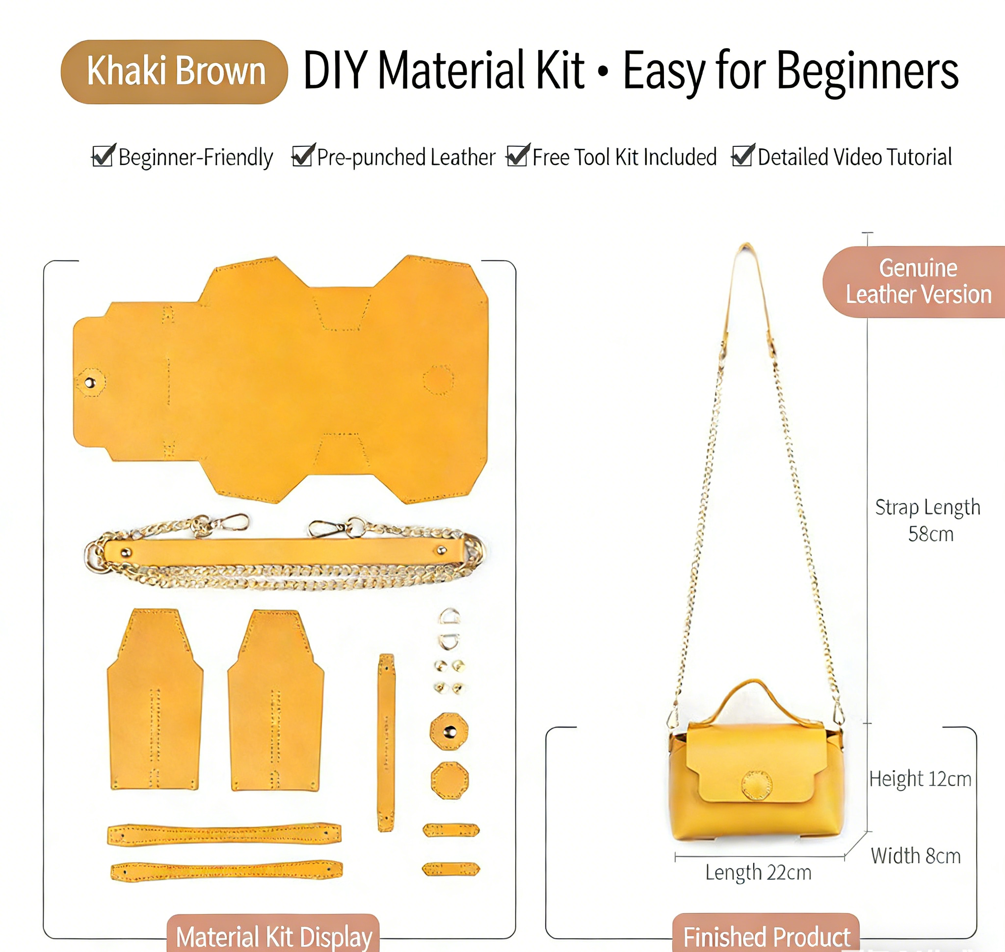 DIY Leather Shoulder Bag Kit for Beginners – Handmade Crossbody Purse with Video Tutorial, Pre-Cut Cowhide Craft Gift