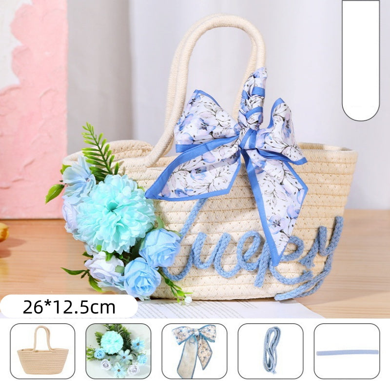 DIY Floral Straw Woven Bag Kit | Handmade Flower Weaving Tote Craft Set with Artificial Flowers | Spring & Summer Travel Fashion Bag Gift