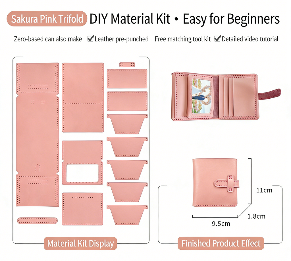 DIY Leather Wallet Kit for Beginners – Handmade Cowhide Bi-Fold & Tri-Fold Wallet Sewing Kit with Pre-Cut Leather and Video Tutorial