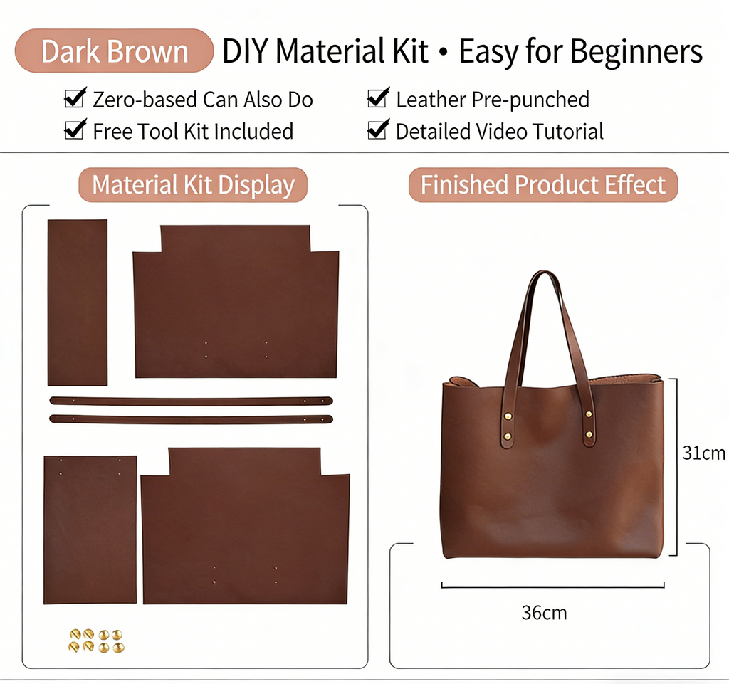 DIY Genuine Leather Tote Bag Kit for Beginners – Handmade Cowhide Shoulder Handbag with Video Tutorial, Pre-Cut Sewing Craft Set