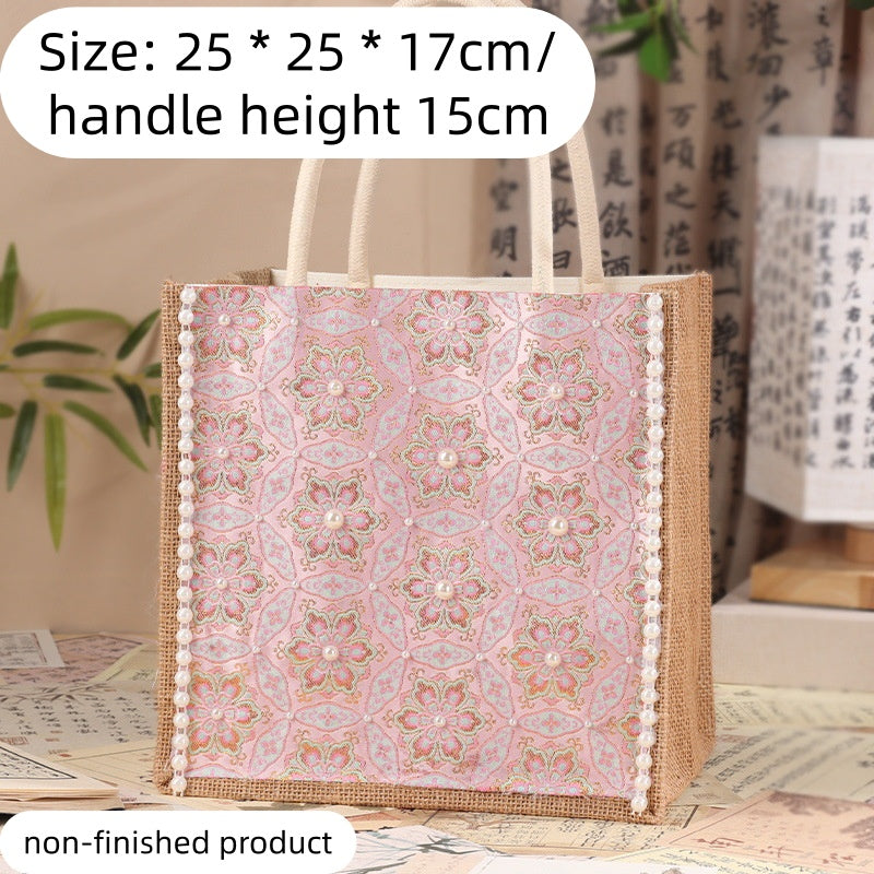 DIY Fabric Tote Bag Kit with Floral Brocade & Pearl Decoration | Handmade Canvas Handbag Craft Set Creative Gift