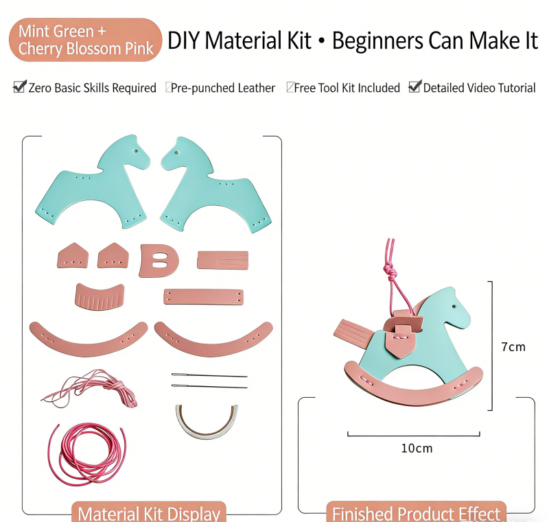 DIY Rocking Horse Keychain Kit for Beginners – Handmade PU Leather Bag Charm & Key Pendant with Video Tutorial