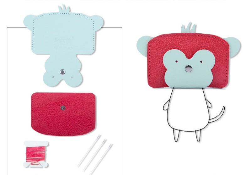 DIY Monkey Leather Card Holder Kit for Beginners – Cute Handmade Cowhide Card Wallet with Video Tutorial & Complete Sewing Kit