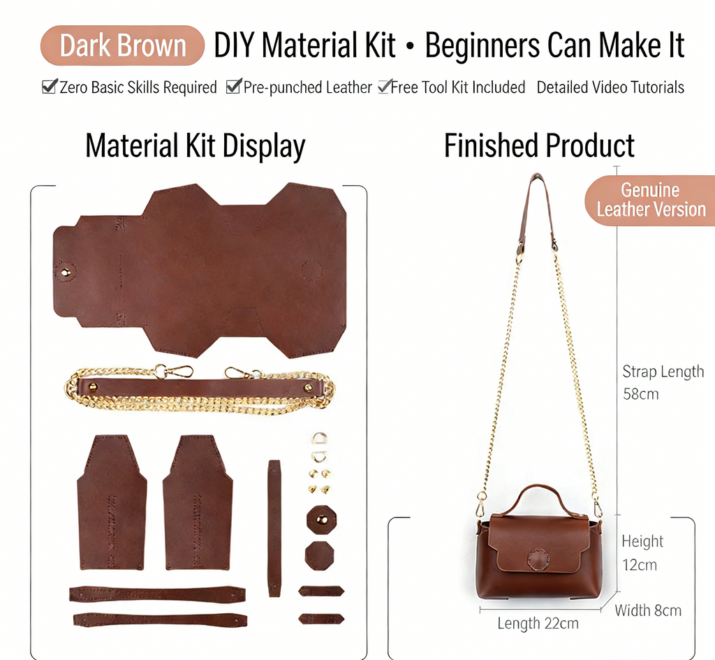 DIY Leather Shoulder Bag Kit for Beginners – Handmade Crossbody Purse with Video Tutorial, Pre-Cut Cowhide Craft Gift