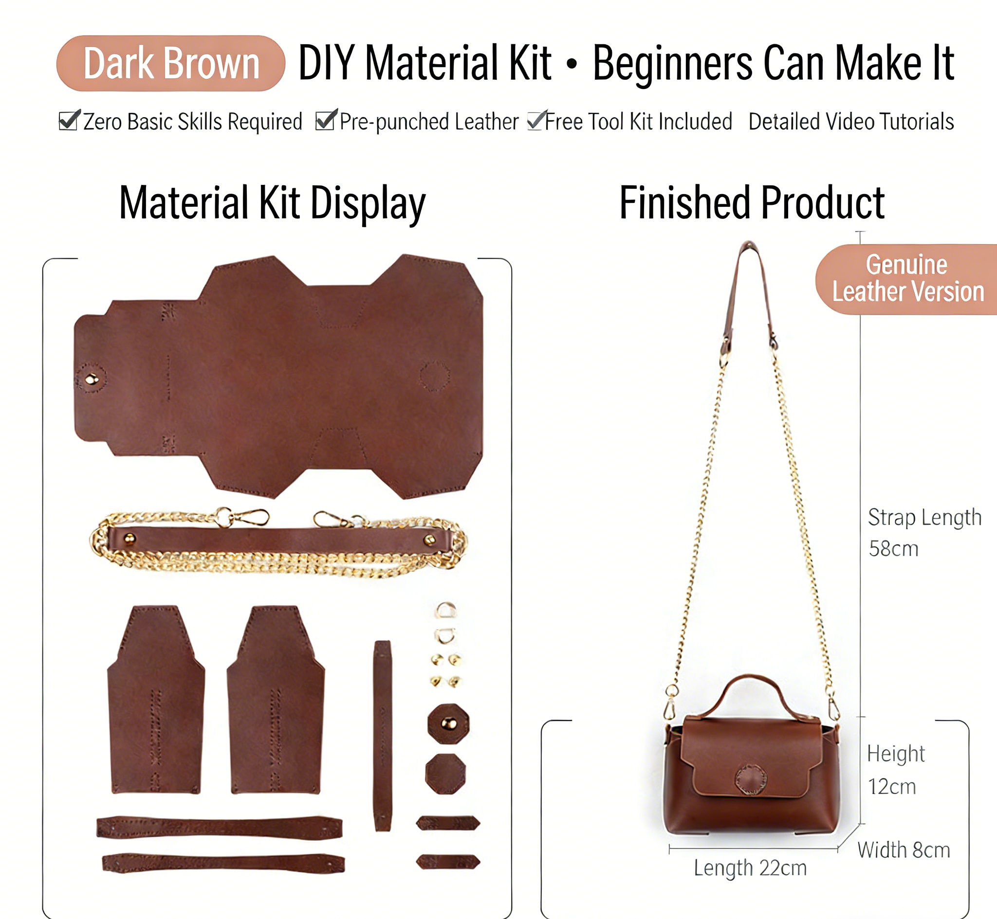 DIY Leather Shoulder Bag Kit for Beginners – Handmade Crossbody Purse with Video Tutorial, Pre-Cut Cowhide Craft Gift