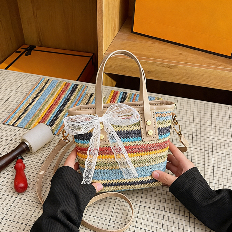 DIY Woven Straw & PU Leather Handbag Kit for Beginners – Handmade Crossbody Tote Bag Sewing Kit with Video Tutorial