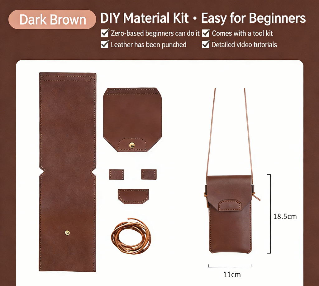 DIY Genuine Leather Phone Bag Kit – Handmade Crossbody Phone Pouch Sewing Kit for Beginners with Video Tutorial