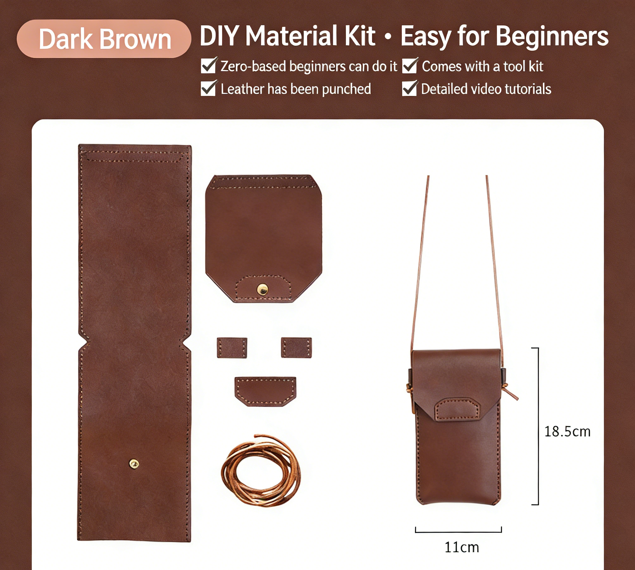 DIY Genuine Leather Phone Bag Kit – Handmade Crossbody Phone Pouch Sewing Kit for Beginners with Video Tutorial