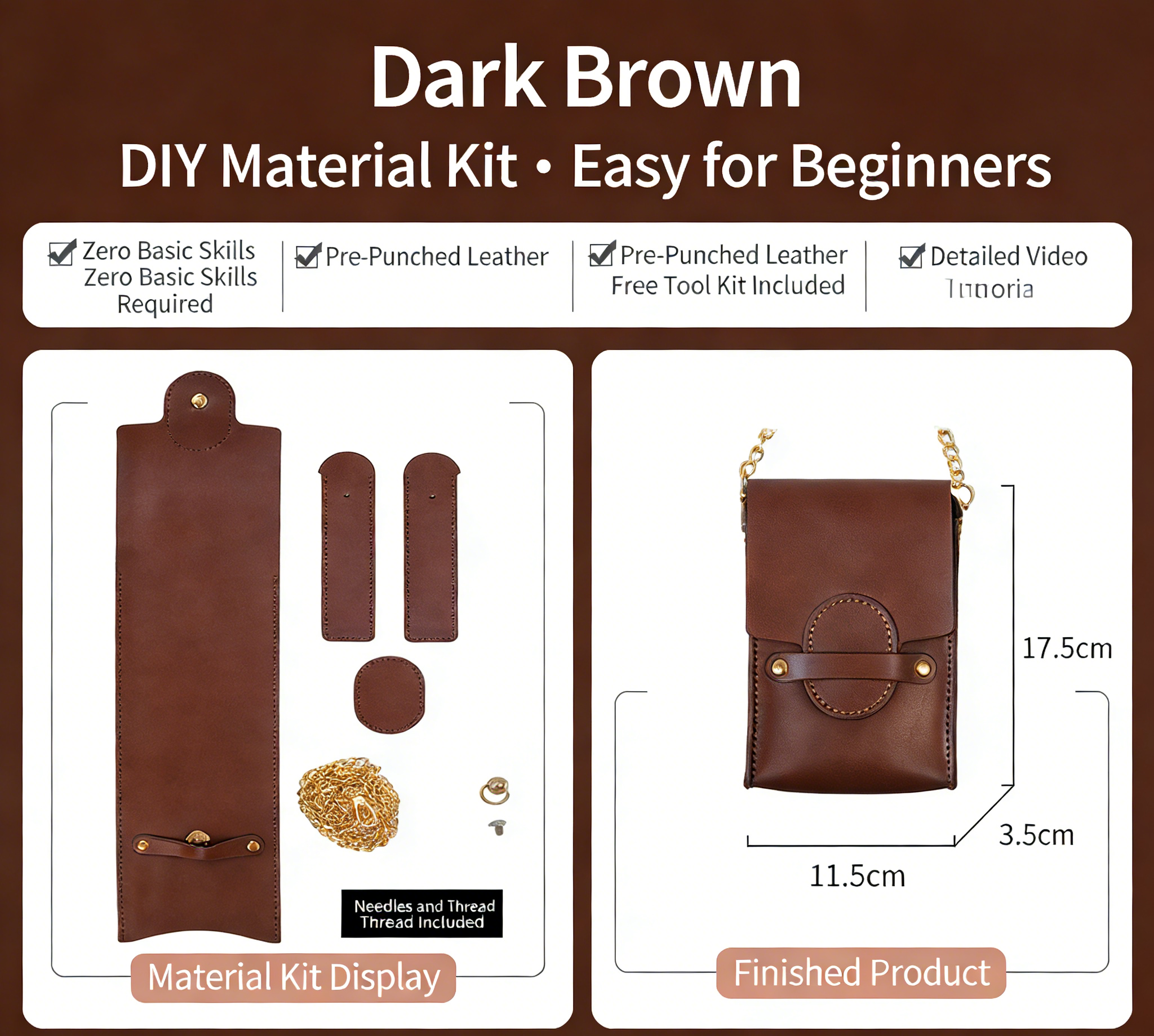 DIY Genuine Leather Coin Purse Kit for Beginners – Handmade Phone Pouch & Small Wallet Sewing Kit with Pre-Cut Cowhide Leather